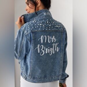 Bridal Customized Denim Jacket With Pearls,Wedding Gift for Bride,Just Married